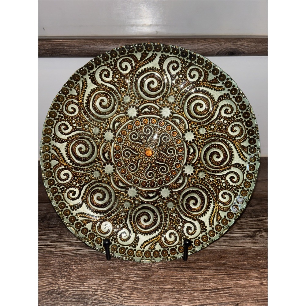 Turkish Topkapi Art Glass 8.5" Turquoise & Gold Swirl Plate Reverse Hand Painted